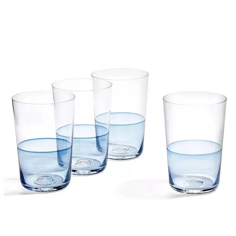 blue or white glazed carafe and tumblers
