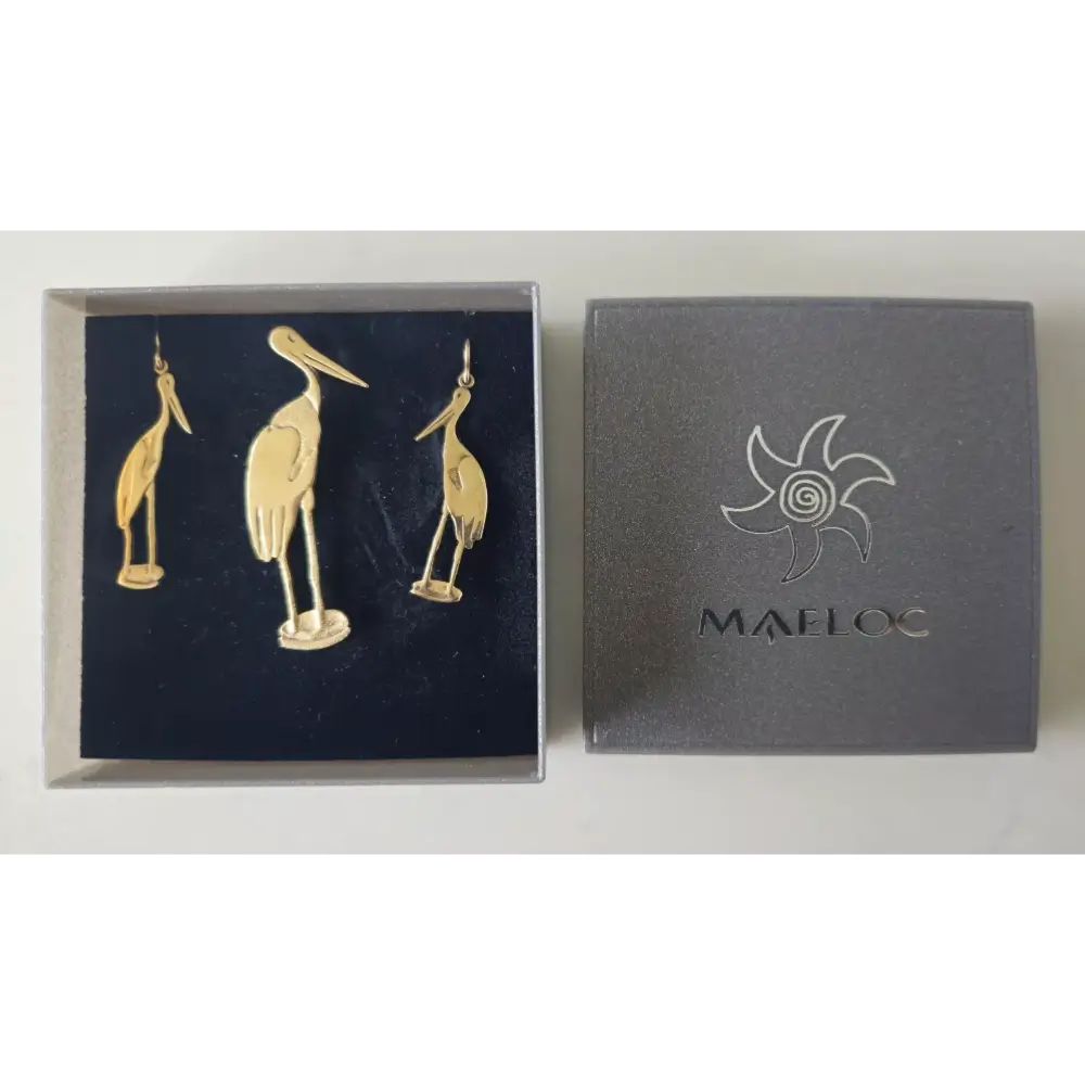 Gold bird-shaped earrings on a blue card with a Maeloc box.