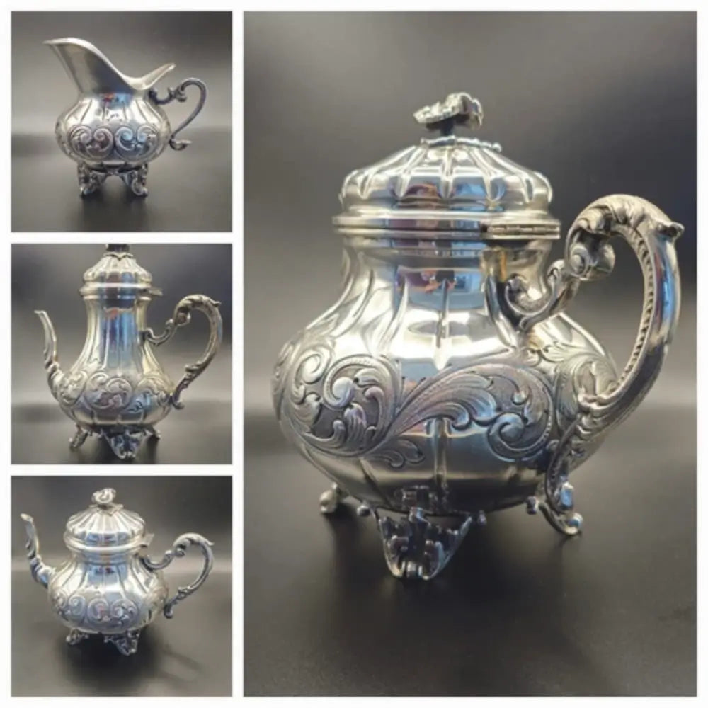 Authentic antique silver tea set, complete set with ornate detailing
