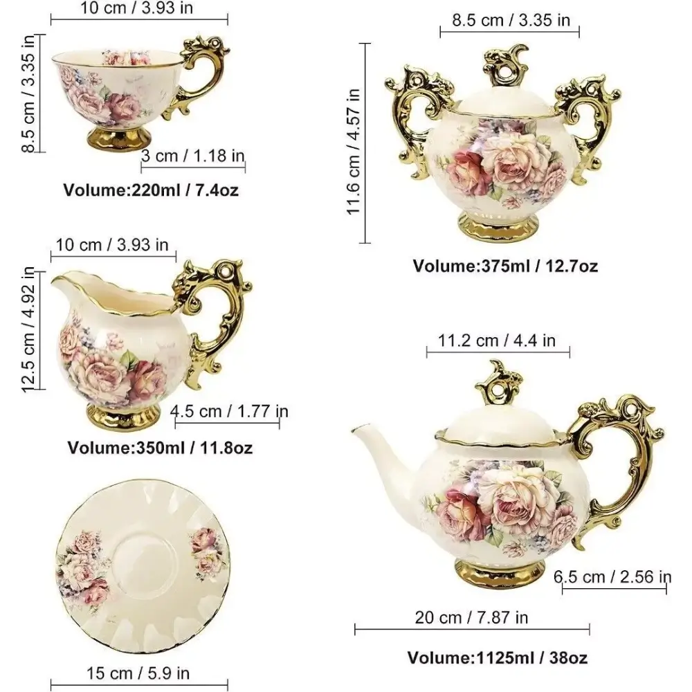 Tea set with floral design and measurements on a white background