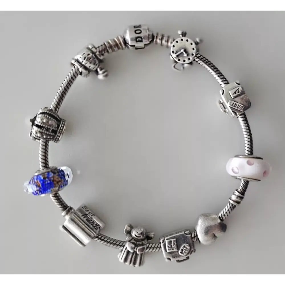 Silver charm bracelet with various charms