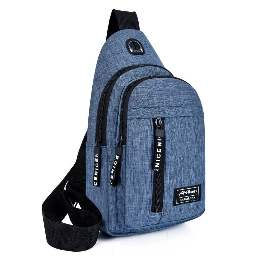 Blue sling body bag with black straps