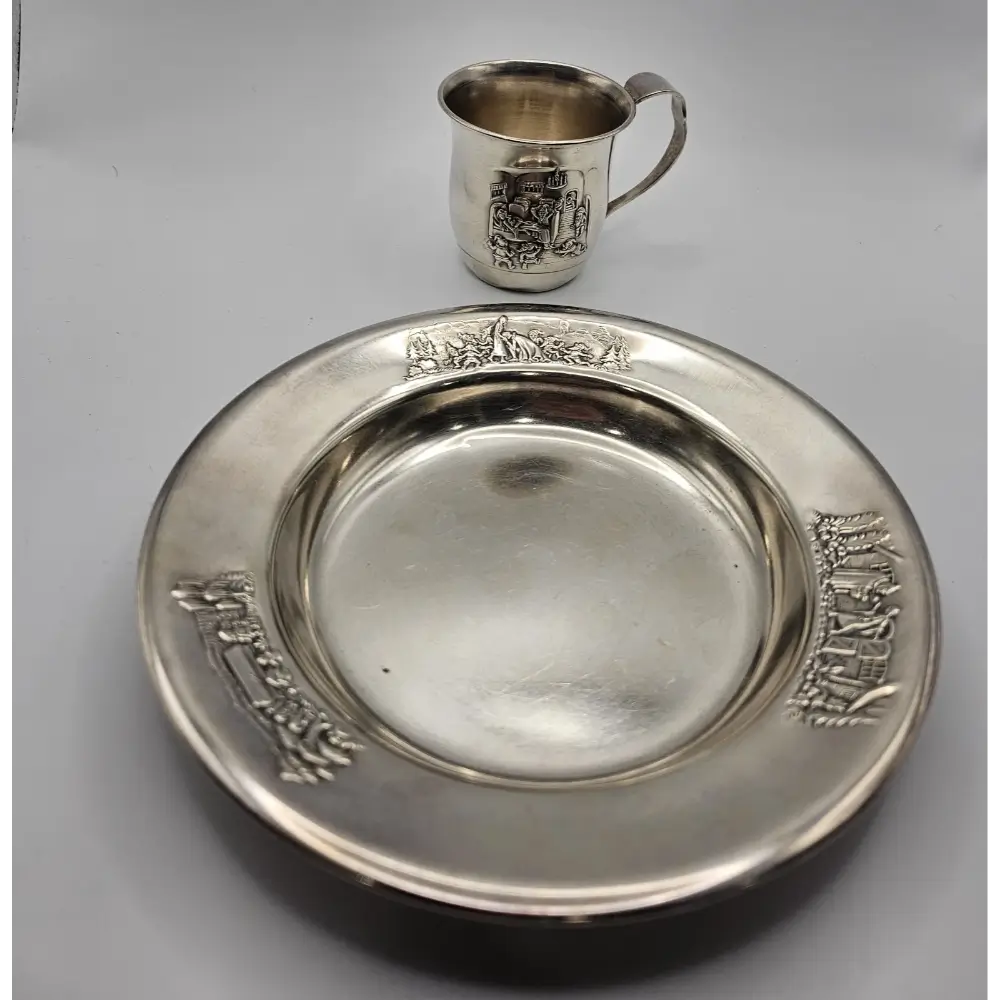 Silver plate and cup with engraved designs