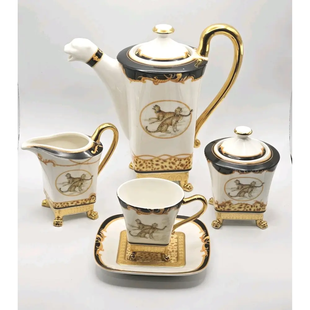 AJM DAYE Antique Black & Gold Leopard Coffee Set Front View