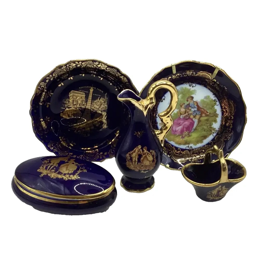 Set of blue and gold ceramic items