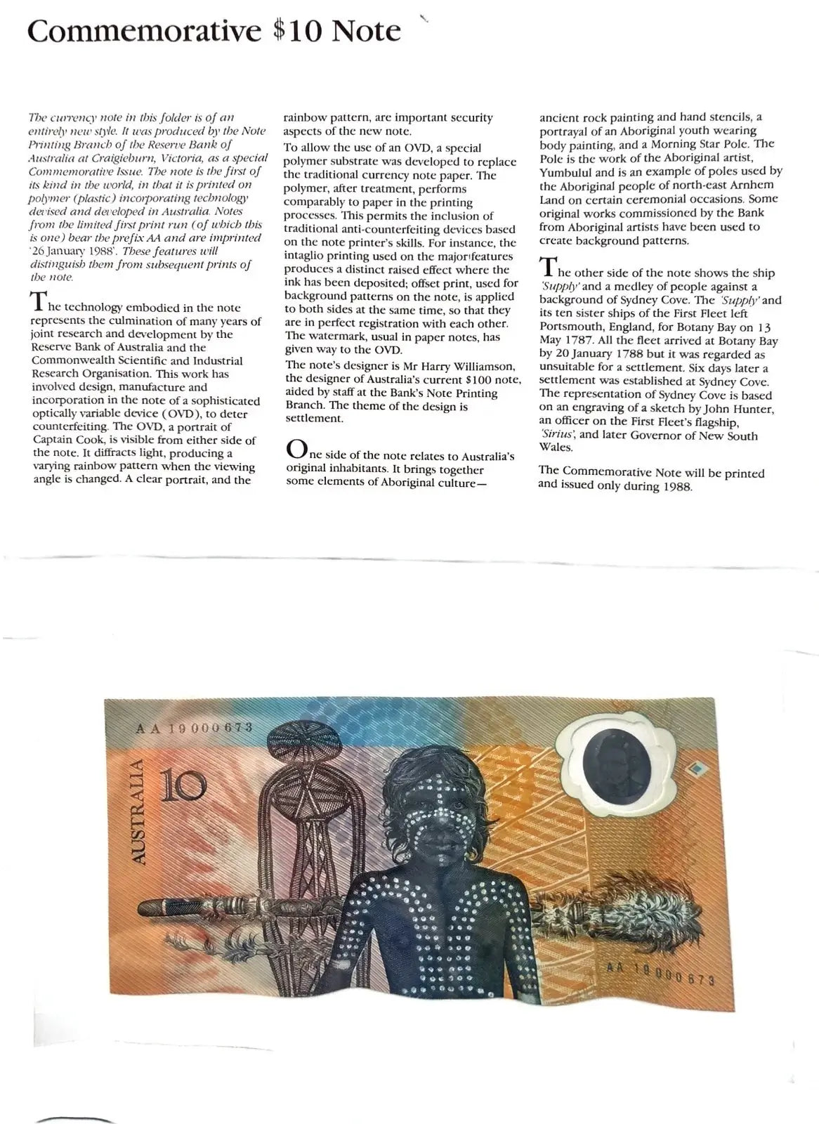 Open folder with the 1988 Australian $10 polymer banknote and information panel