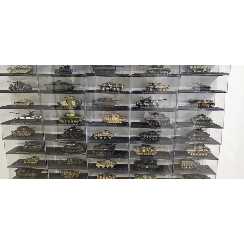 Collection of model tanks displayed in a clear acrylic case.