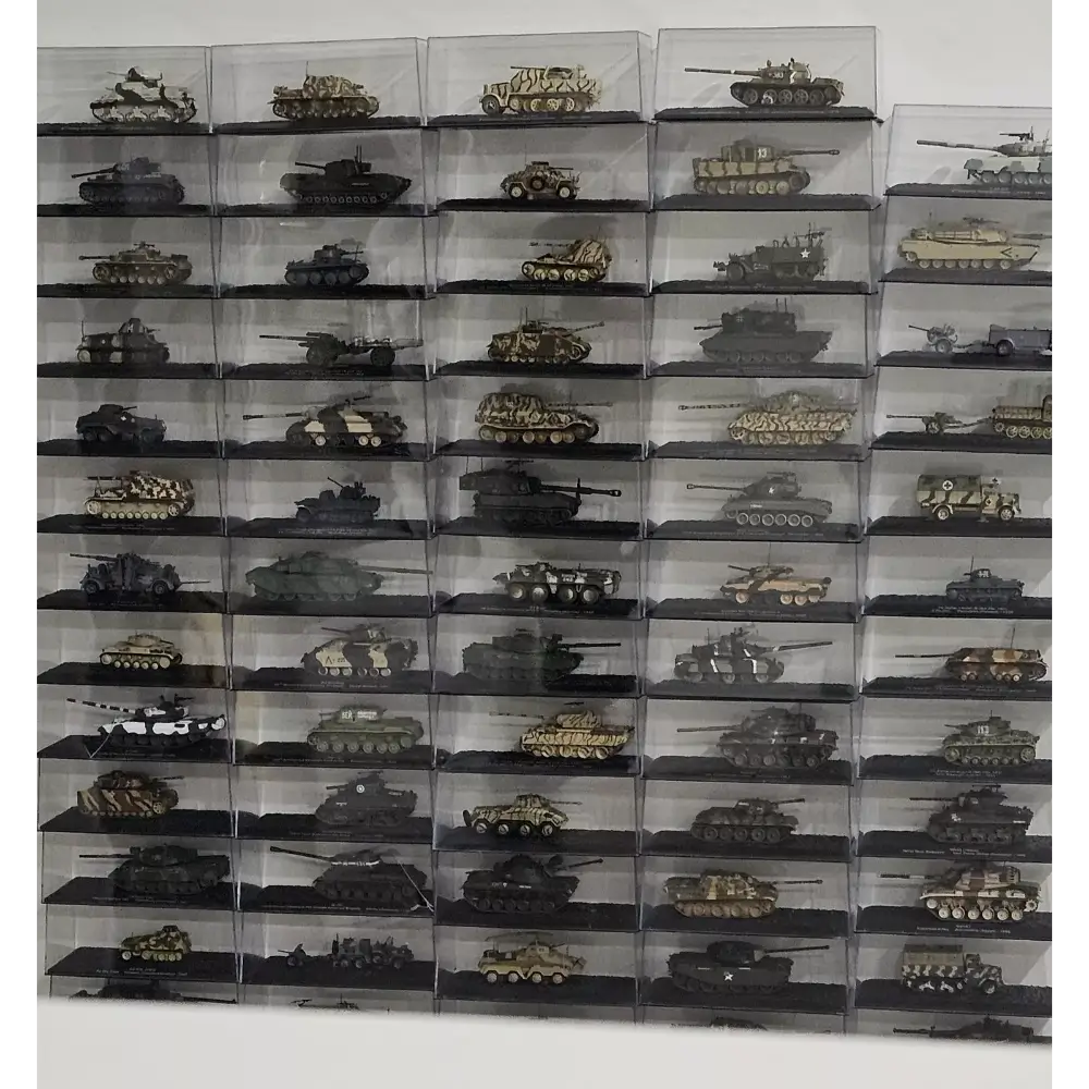 Collection of model tanks displayed in a clear case.