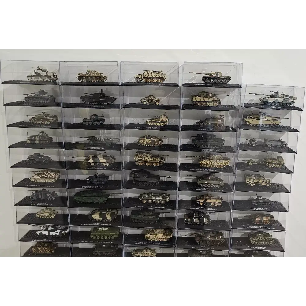 Collection of model tanks displayed in a clear acrylic case