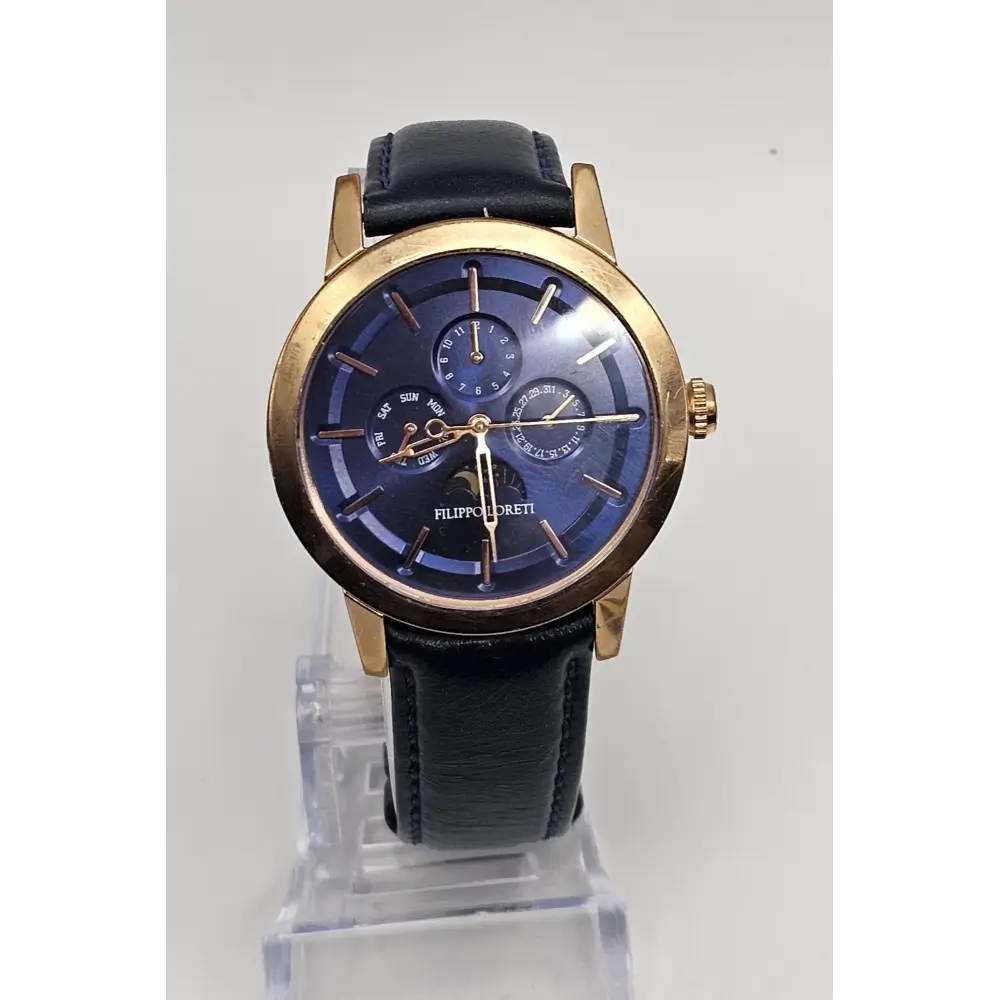 Watch with black leather strap and gold case