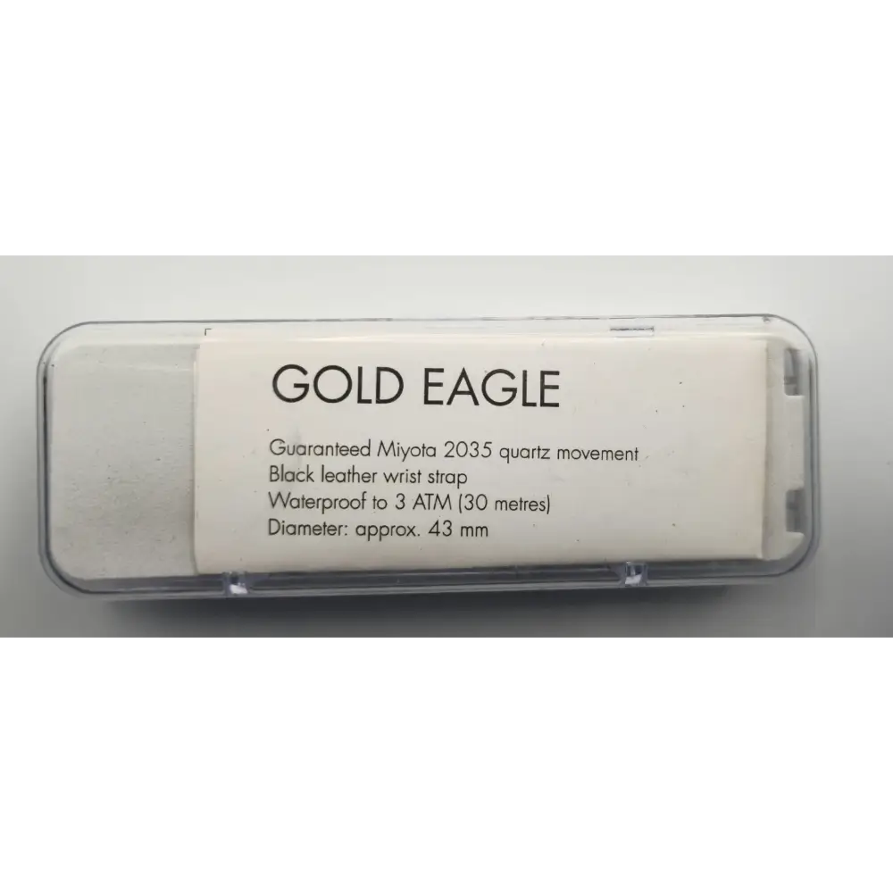 Gold Eagle watch packaging with specifications on a white background