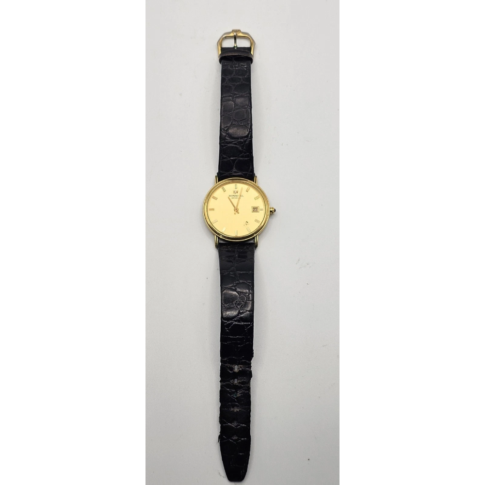 Wristwatch with black strap and gold case on a light gray background