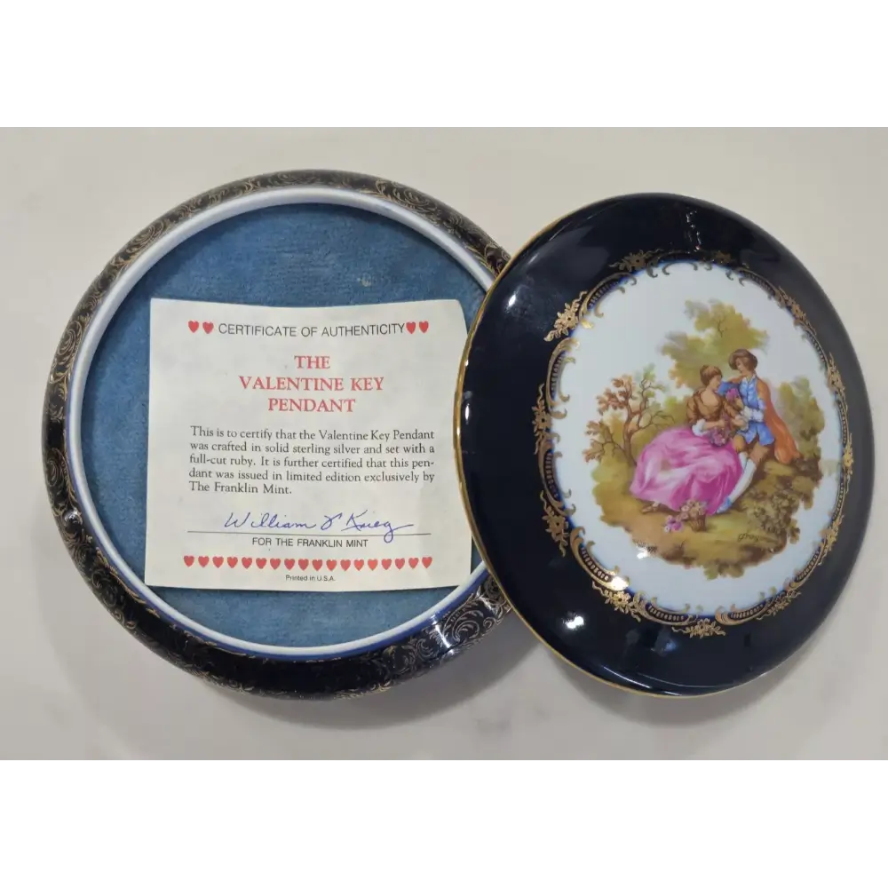 Decorative Jug and pill or trinket with a romantic scene and certificate
