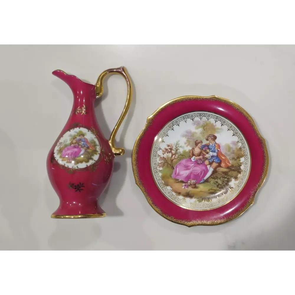 Pink ceramic pitcher and plate