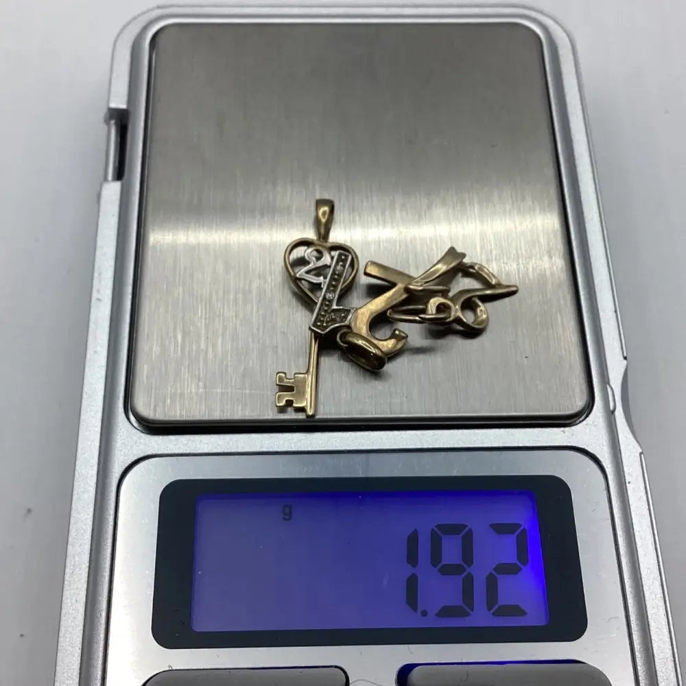 Two gold pendants on a digital scale displaying a weight of 192 grams.