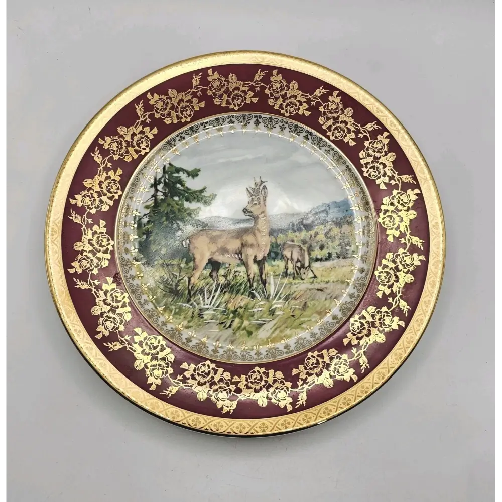 8.5 inch Limoges Roe Deer Porcelain Plate with Burgundy Rim