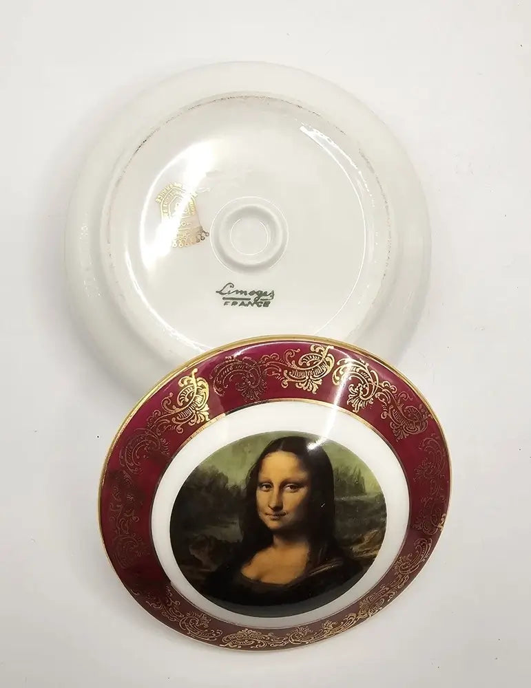 Decorative plate with Mona Lisa design on a white background