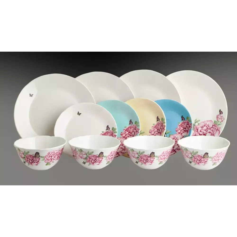 Set of ceramic dishes with floral and butterfly designs