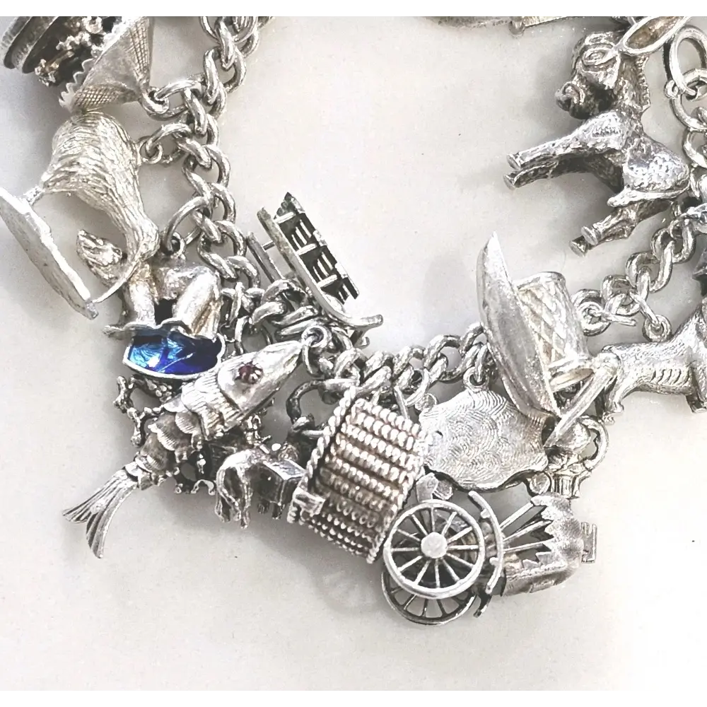 Silver charm bracelet with various charms