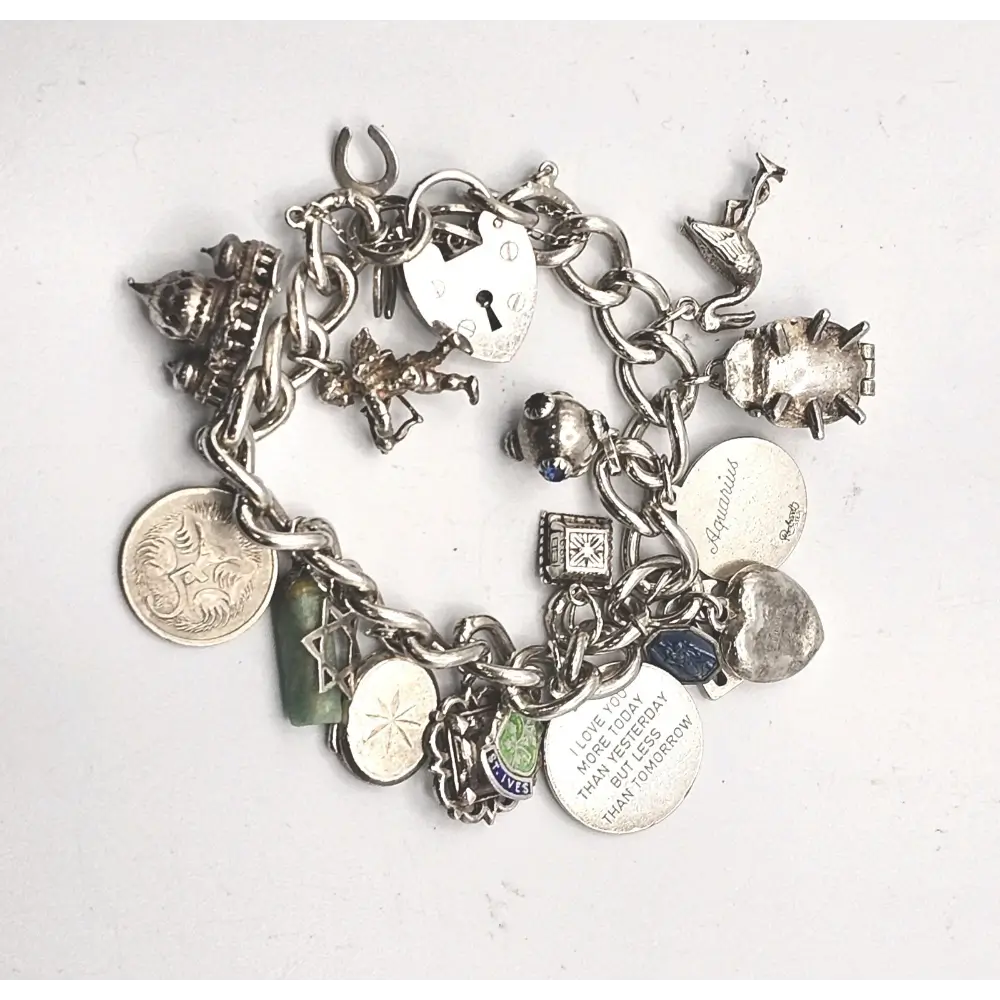 Silver charm bracelet with various charms