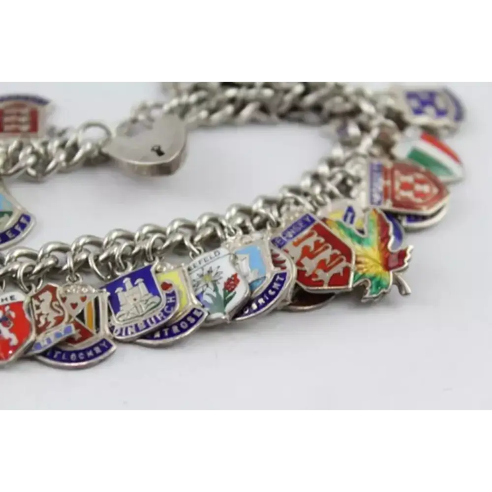 Silver bracelet with various country emblems