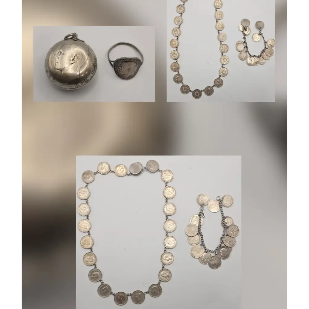 Collage of silver jewelry including a necklace, bracelet, and pendant on a neutral background.
