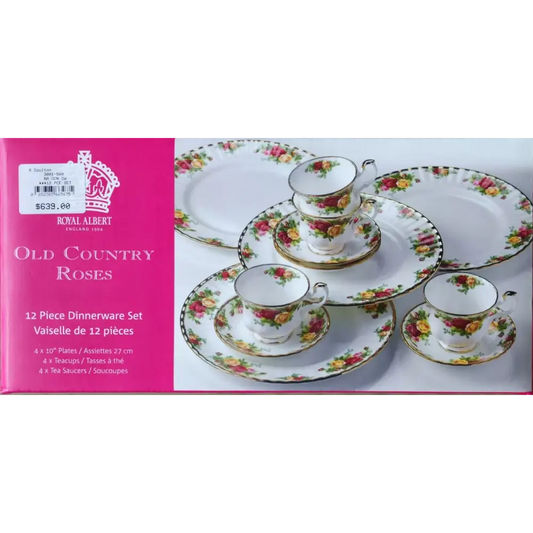Royal Albert 12 piece dinnerware set featuring the Old Country Roses floral design and elegant gold trim
