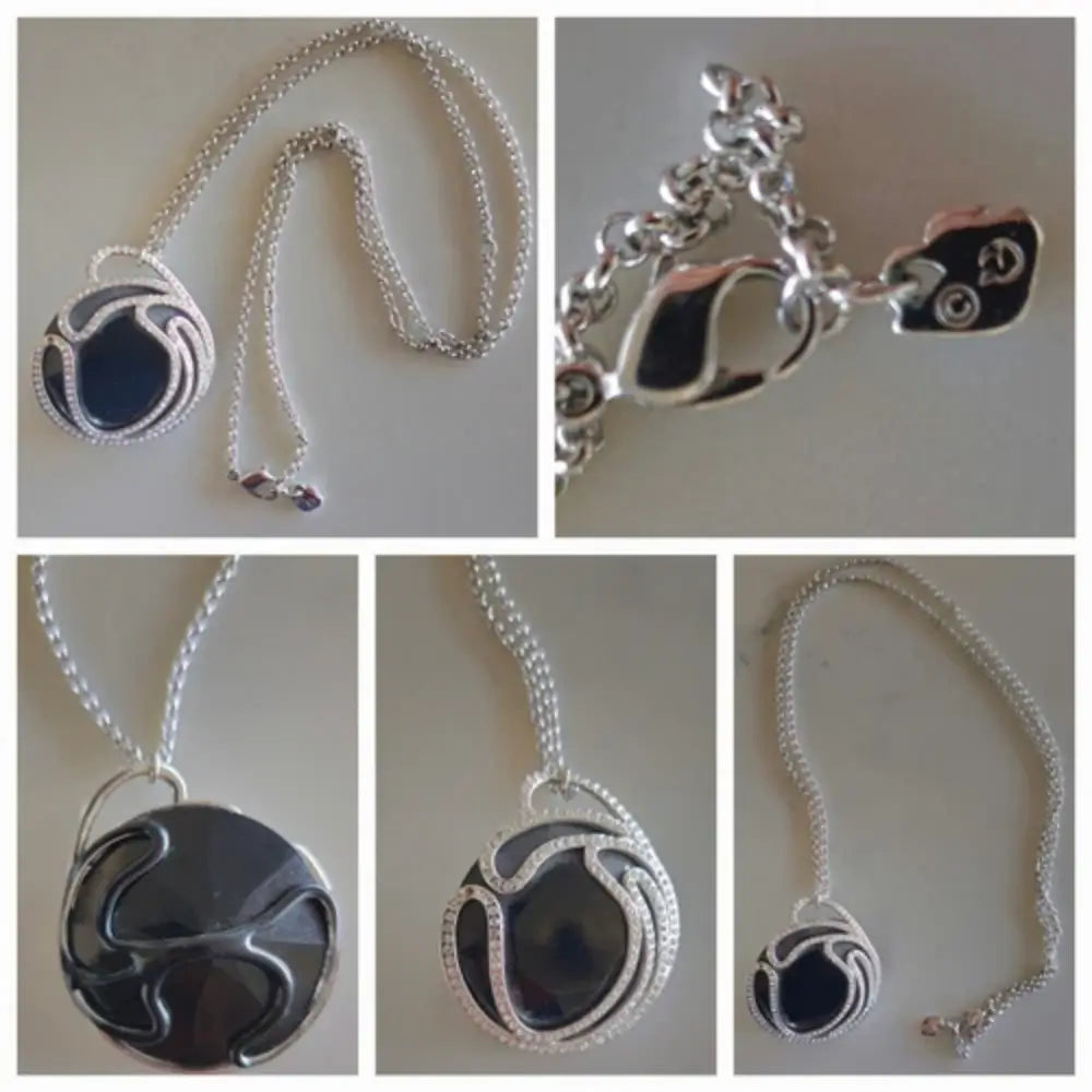Collage of a silver necklace with a black pendant