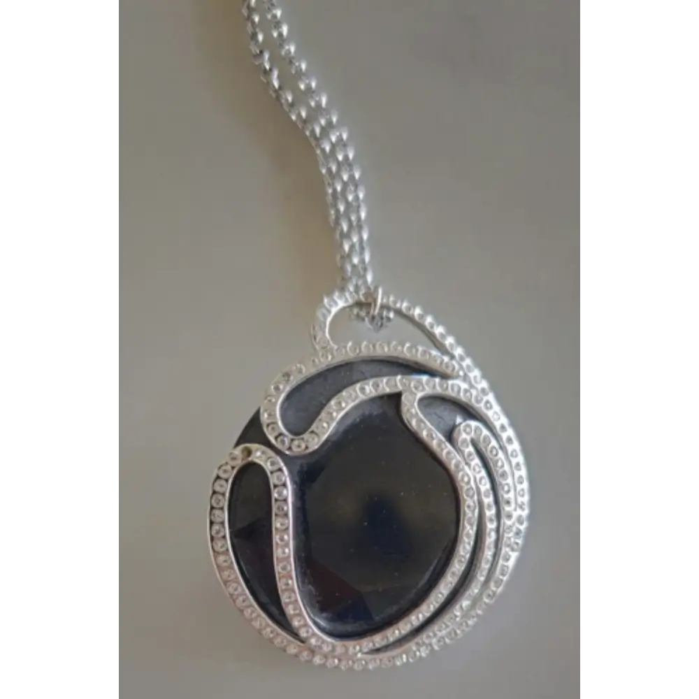 Swarovski Black Crystal Necklace - Faceted Pendant (Wavy Design, Signed)