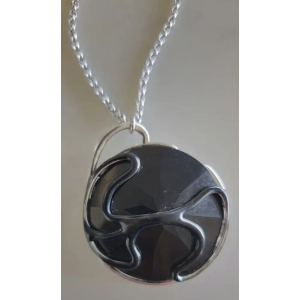 Swarovski Black Crystal Necklace - Faceted Pendant (Wavy Design, Signed)
