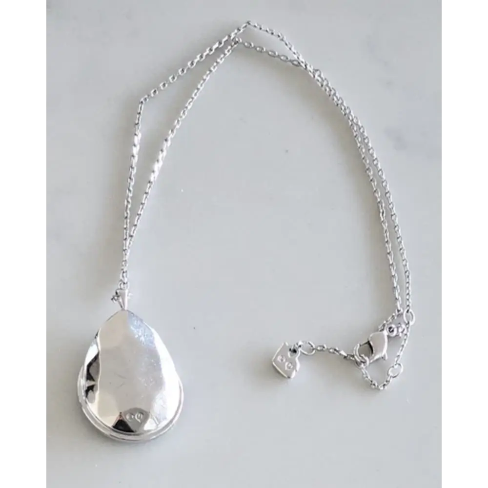 Silver necklace with a teardrop pendant on a light gray background