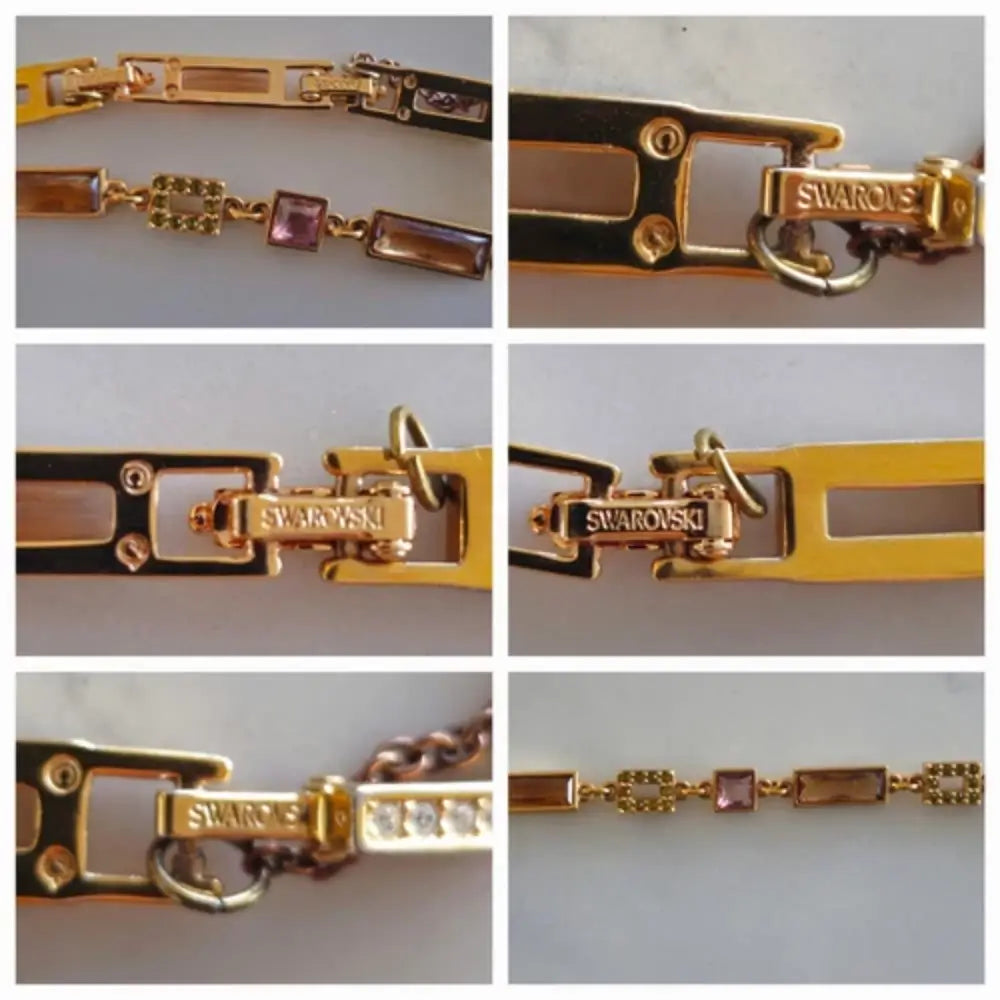 Collage of a gold bracelet with Swarovski crystals