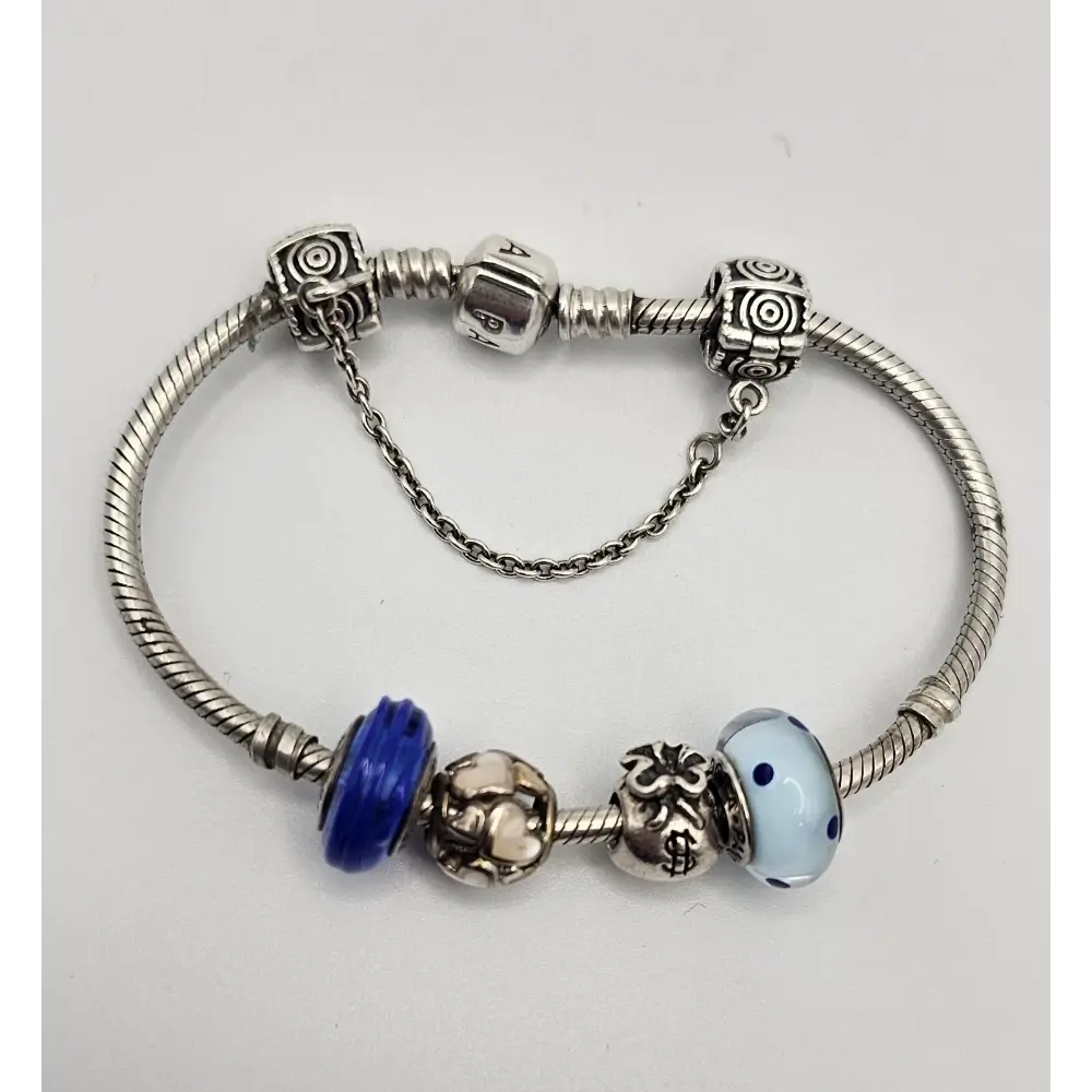 Silver bracelet with blue and white beads