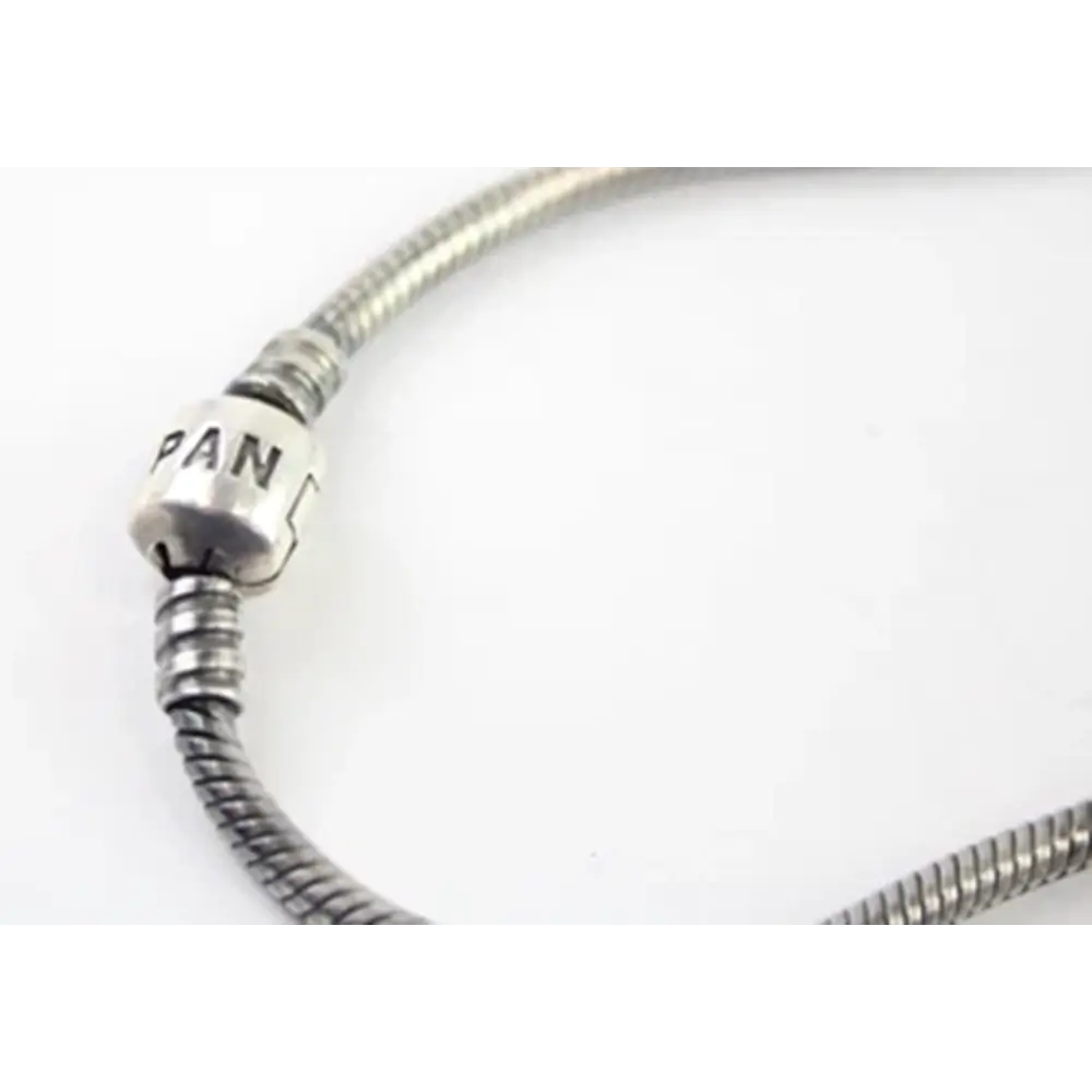 Close-up of a silver bracelet with a visible brand name on a white background