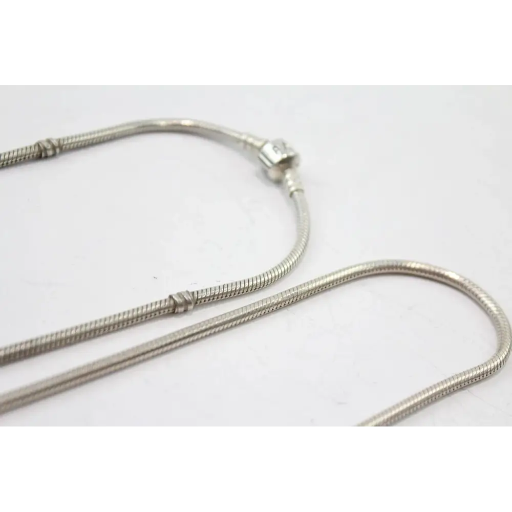 Silver snake chain necklace on a white background