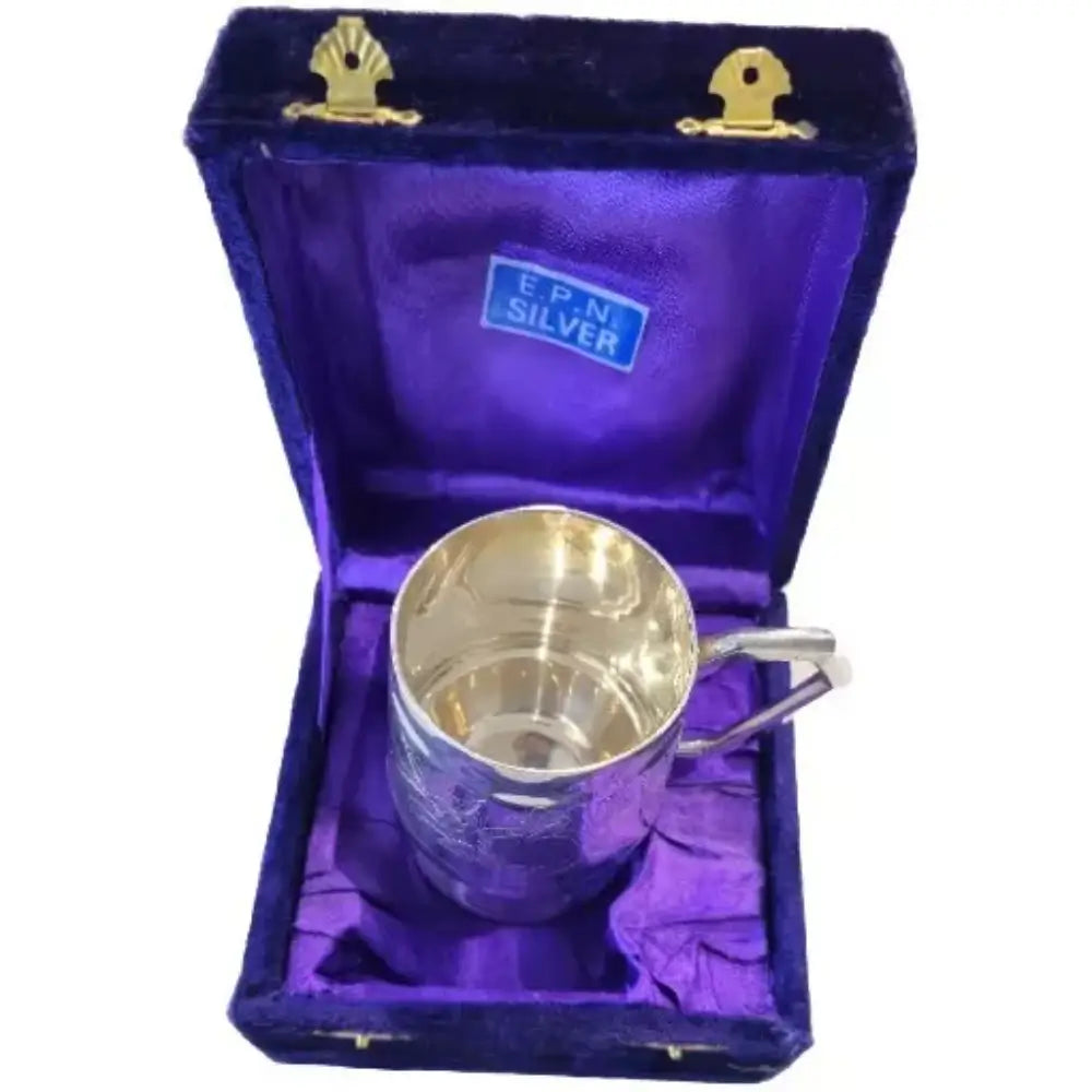 Silver cup in a purple velvet box with 'EPM Silver' branding.