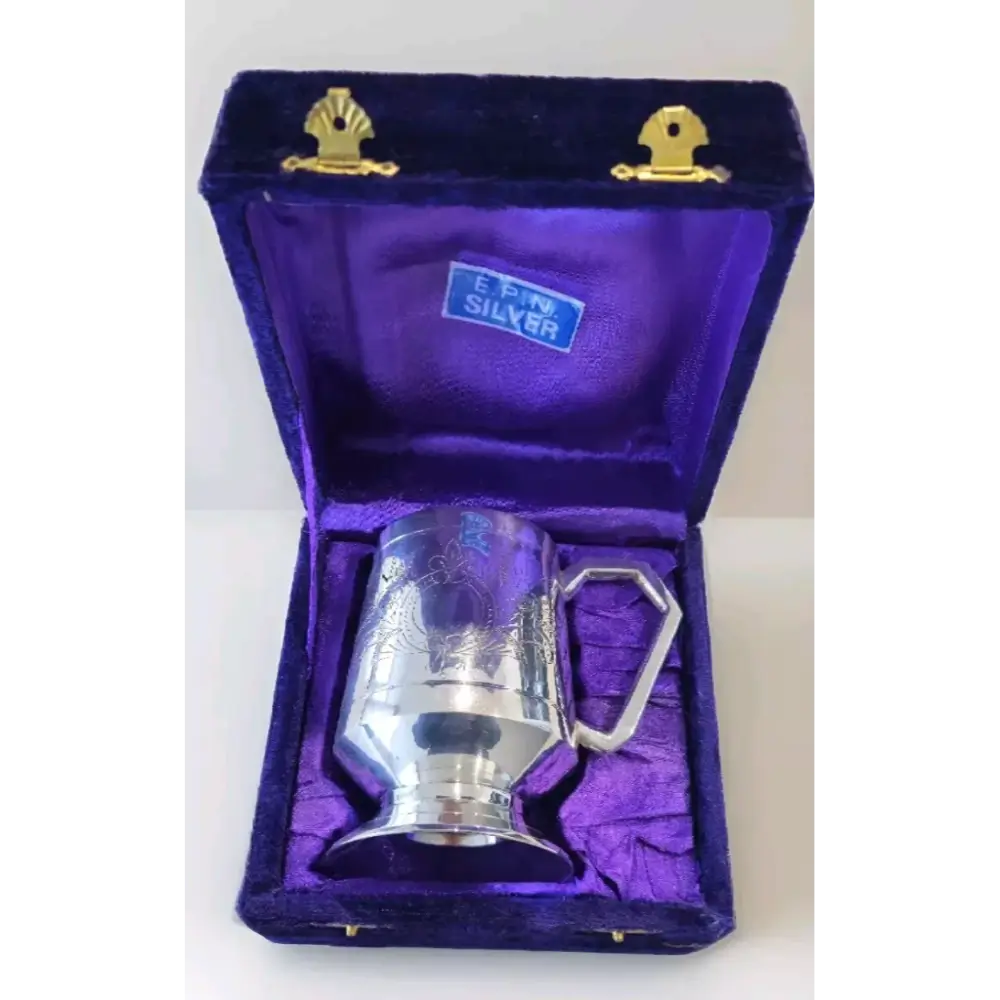 Silver Plate Beer Mug in a purple velvet box with 'E Flyn Silver' branding.