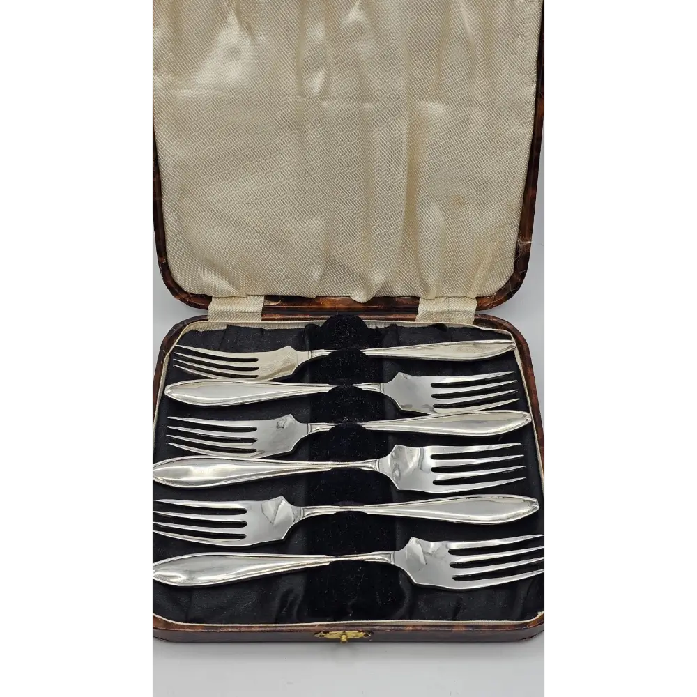 Set of silver forks in a case on a white background