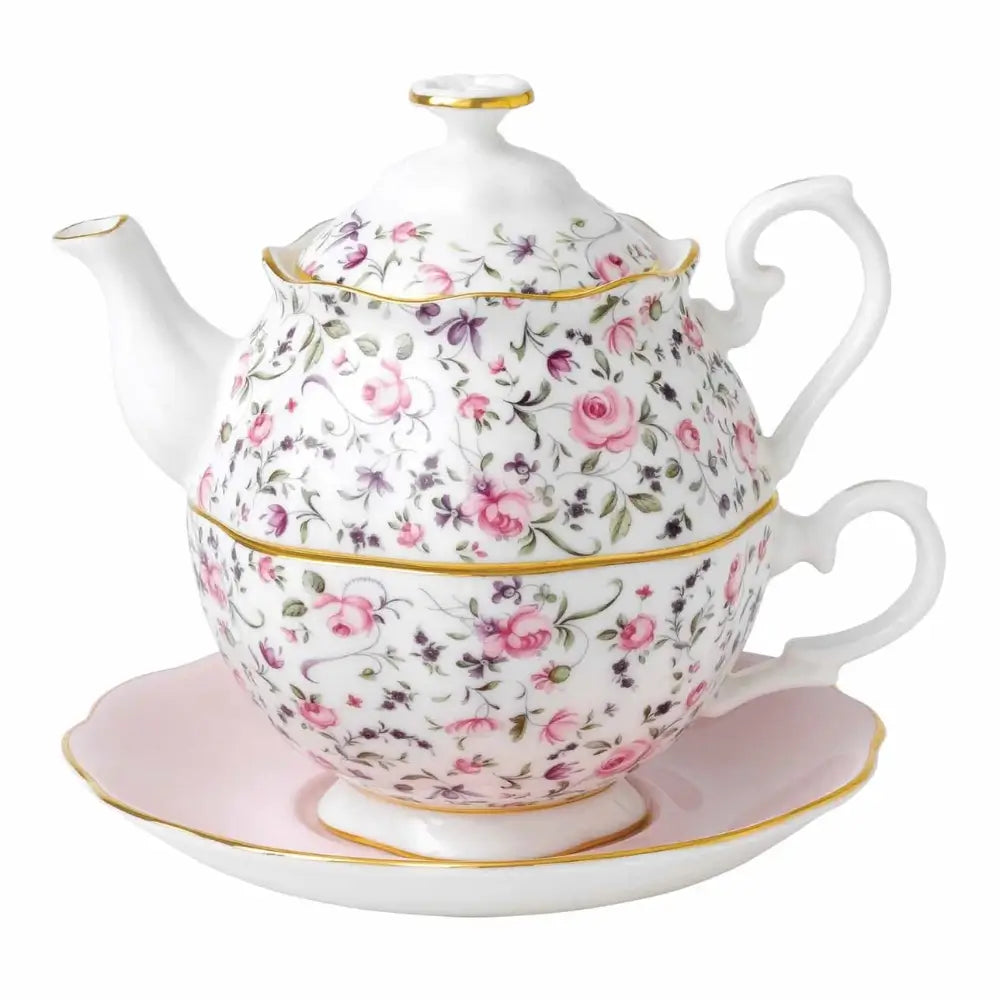 Royal Albert Rose Confetti Tea For One Set - Floral Pattern with Gold Trim