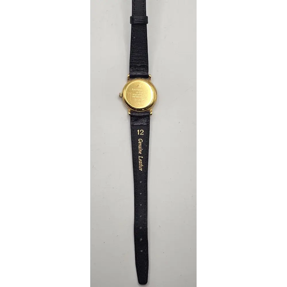Gold watch with black strap