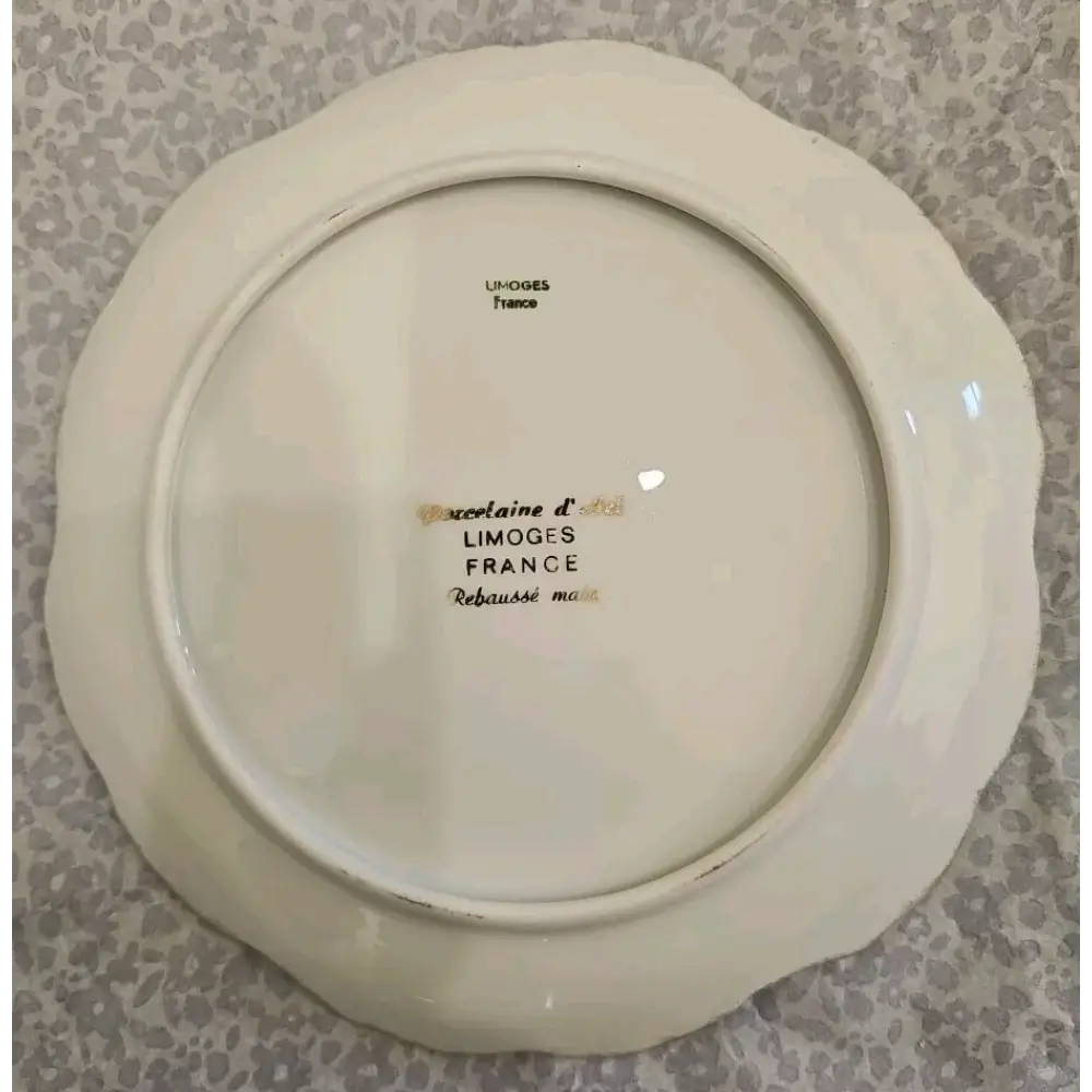 White ceramic plate with 'Limoges France' inscription on a patterned background