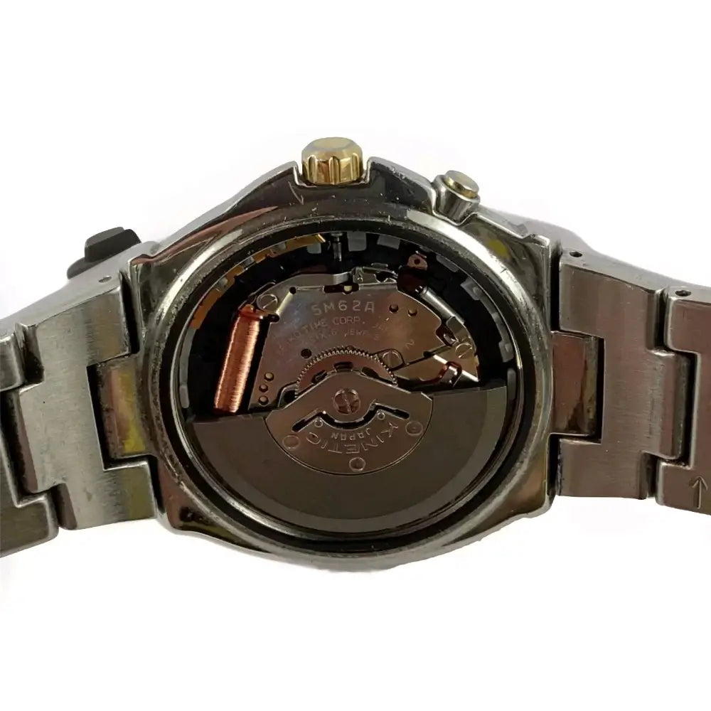 Watch mechanism with brand logo on a white background