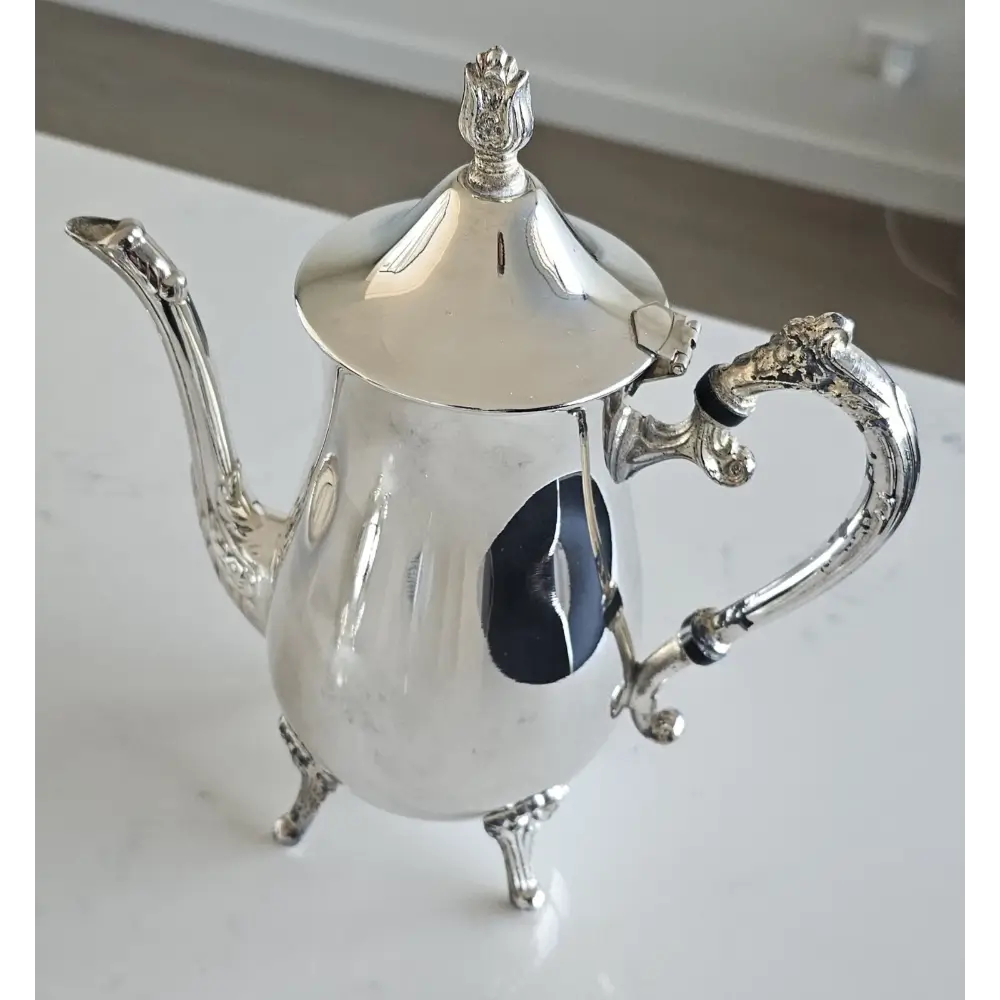 Silver teapot on a white surface