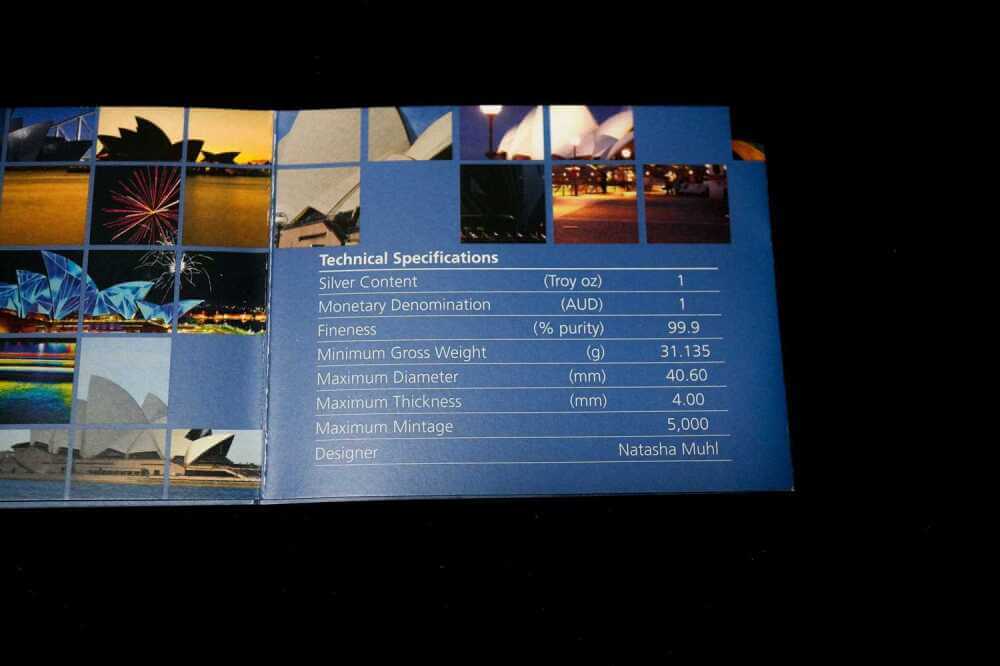 A printed technical specification card for a Sydney Opera House-themed product, featuring a blue background with text and a collage of Sydney Opera House photos, photographed against a black background.