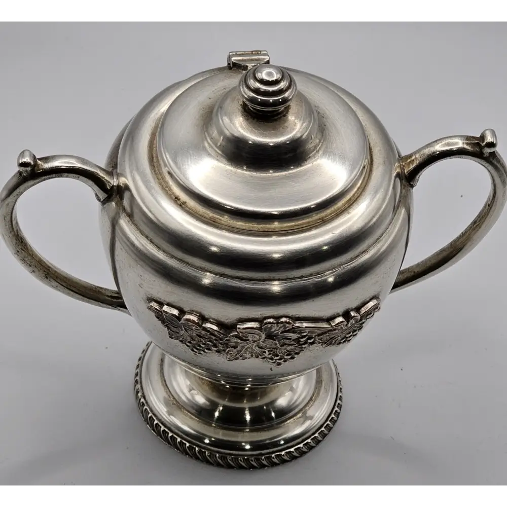 Top view of Royal Windsor silver sugar bowl showcasing detailed Art Deco design