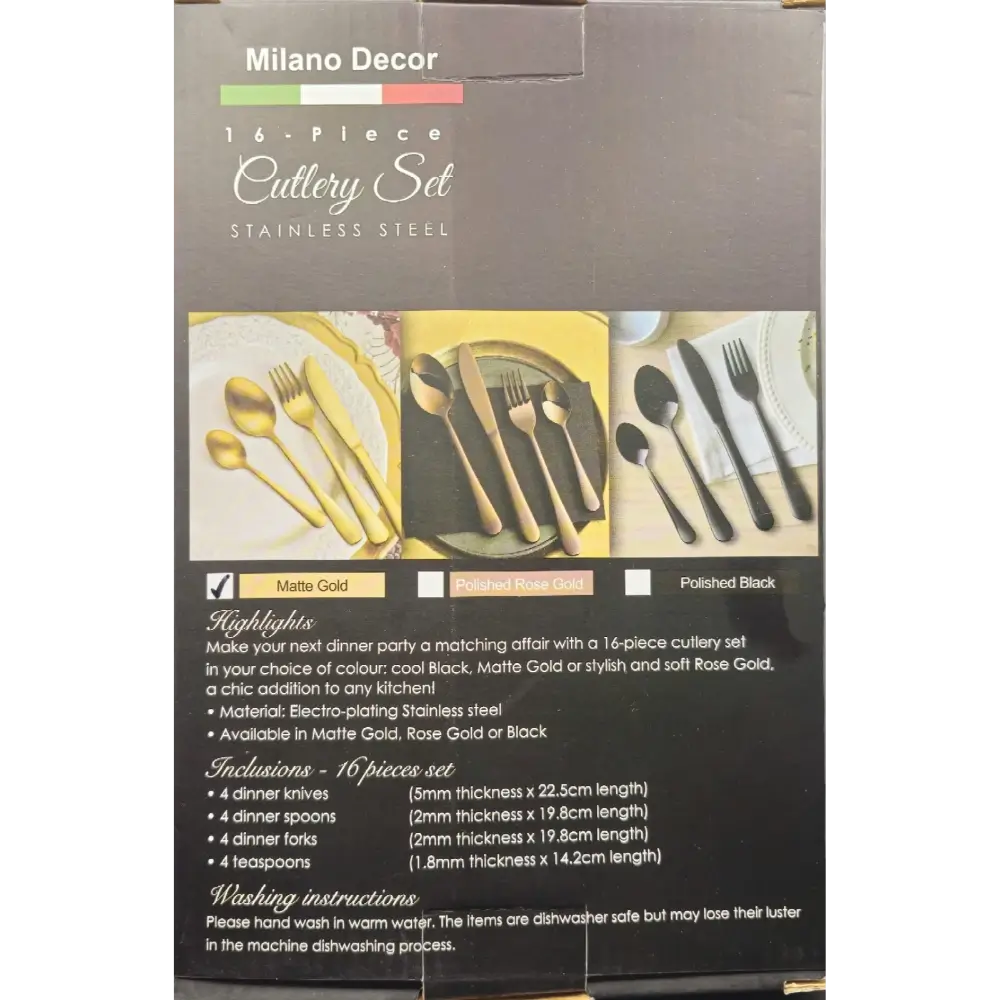 Packaging of Milano Decor 16-piece cutlery set