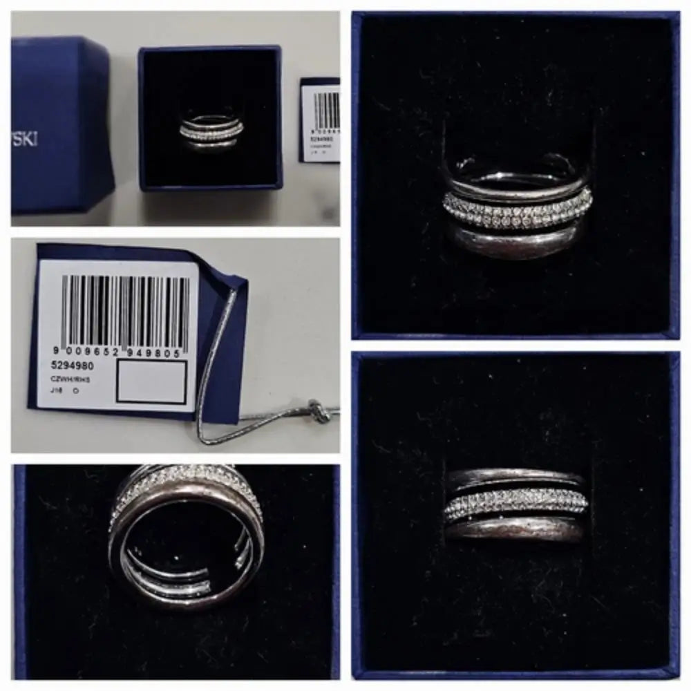 Collage of a silver ring with diamond accents in a dark box, including close-up shots and a barcode label.
