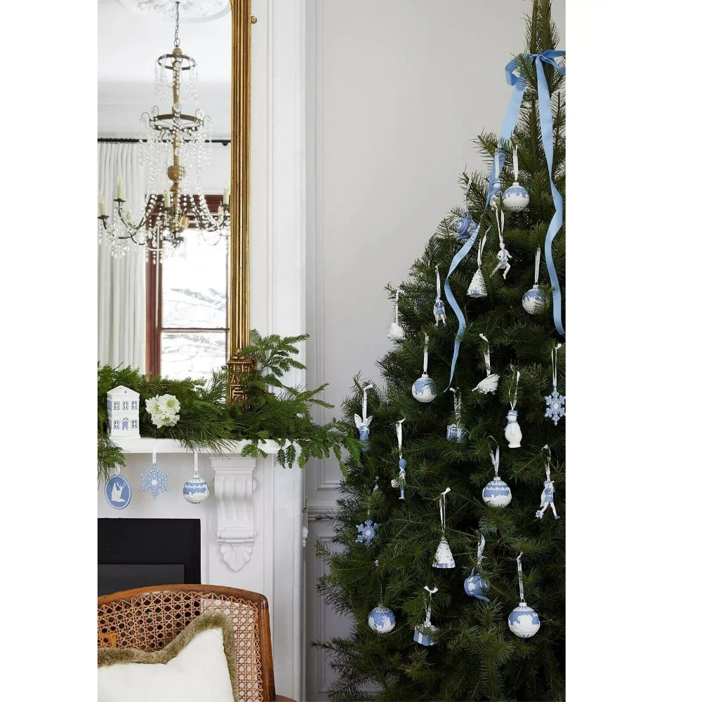 Decorated Christmas tree with blue and silver ornaments