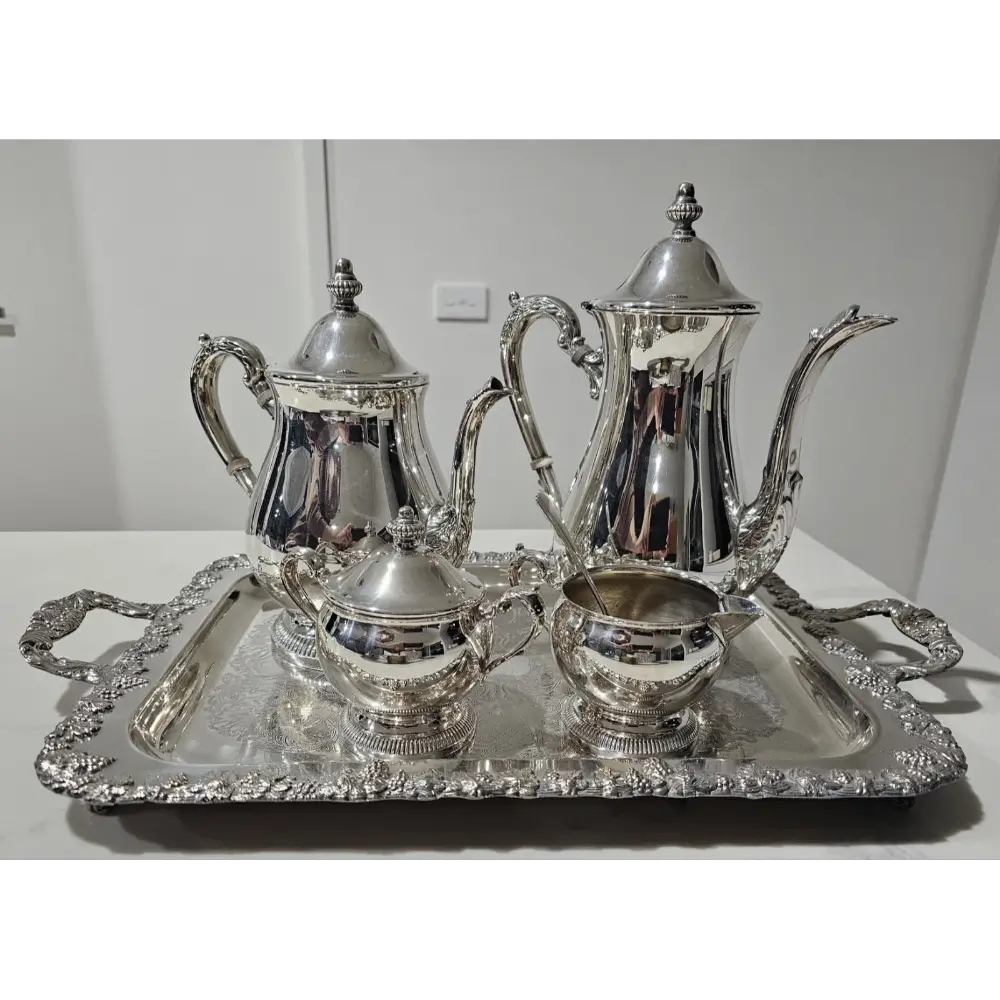 Elegant 1970s Victorian style silver plated tea set with tray for display