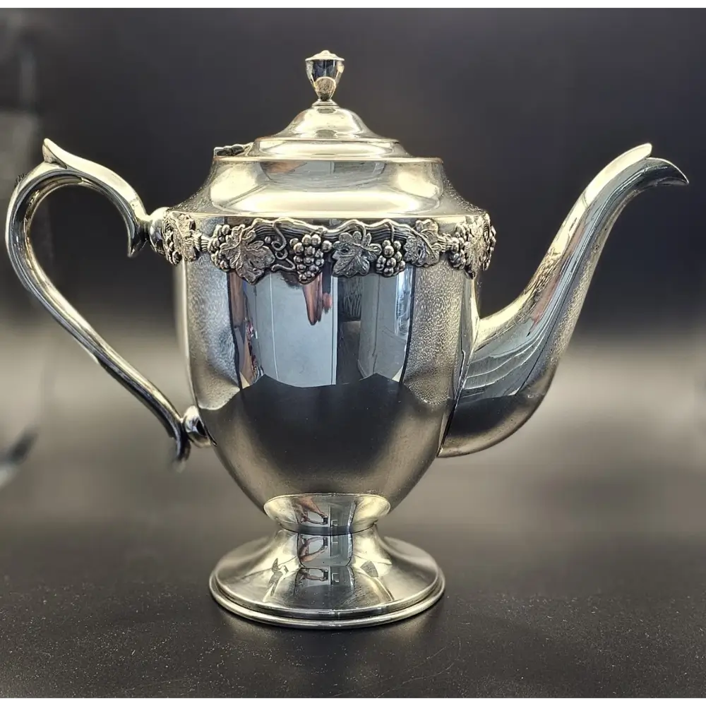 Silver teapot with intricate designs on a dark background